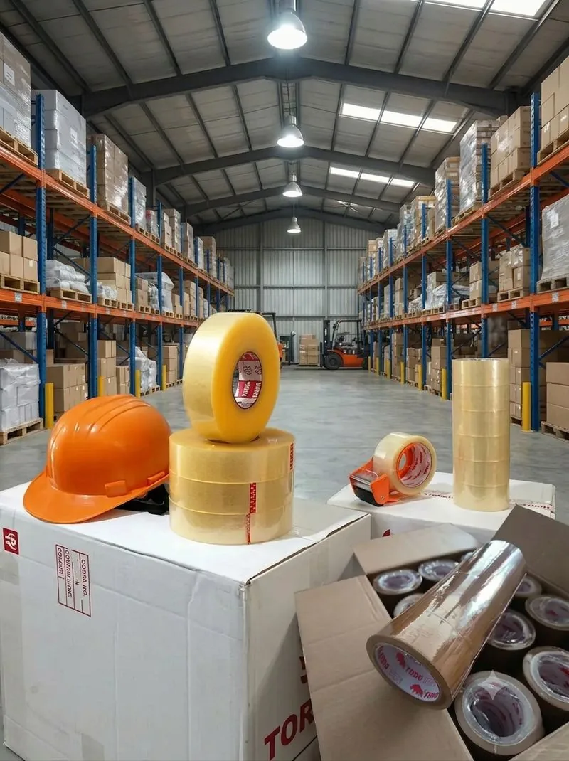 Rol lakban industri Harmony ditumpuk di gudang bersama perlengkapan safety
