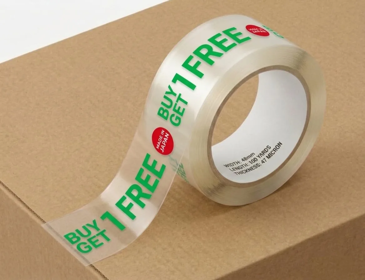 Lakban custom printing dua warna dengan promo Buy 1 Get 1 Free